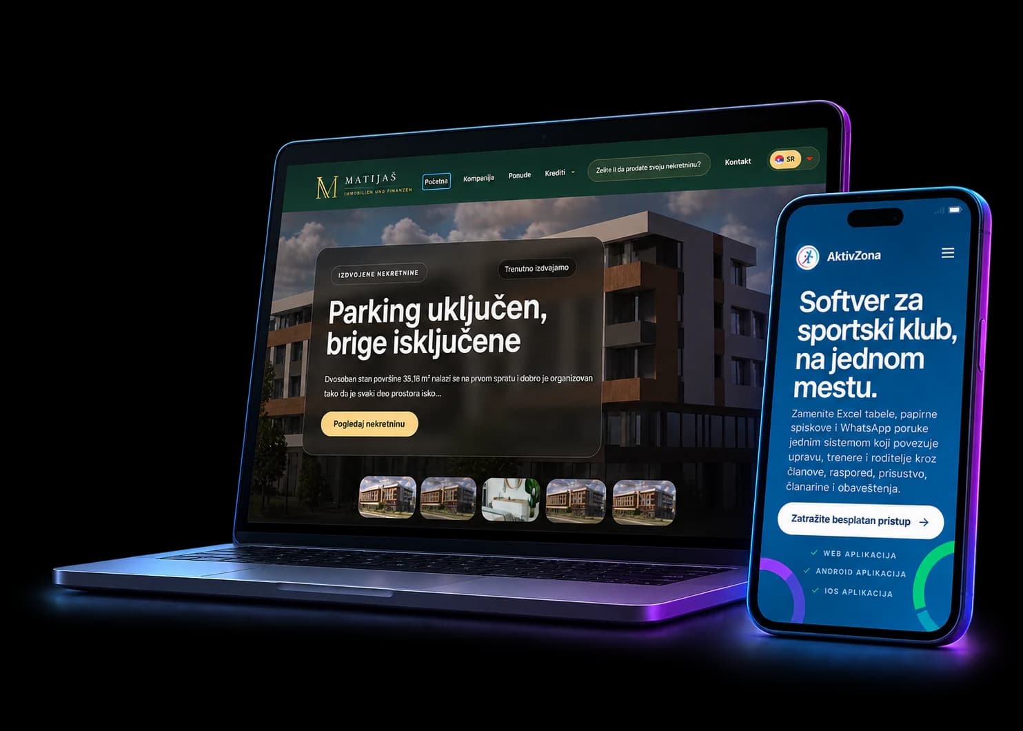 Matijaš sajt na laptopu i AktivZona sajt u mobilnom prikazu